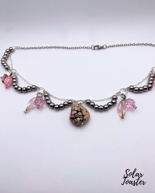 Whimsical, Pink, Crystal, Up-cycled, Beaded Necklace (Copy)