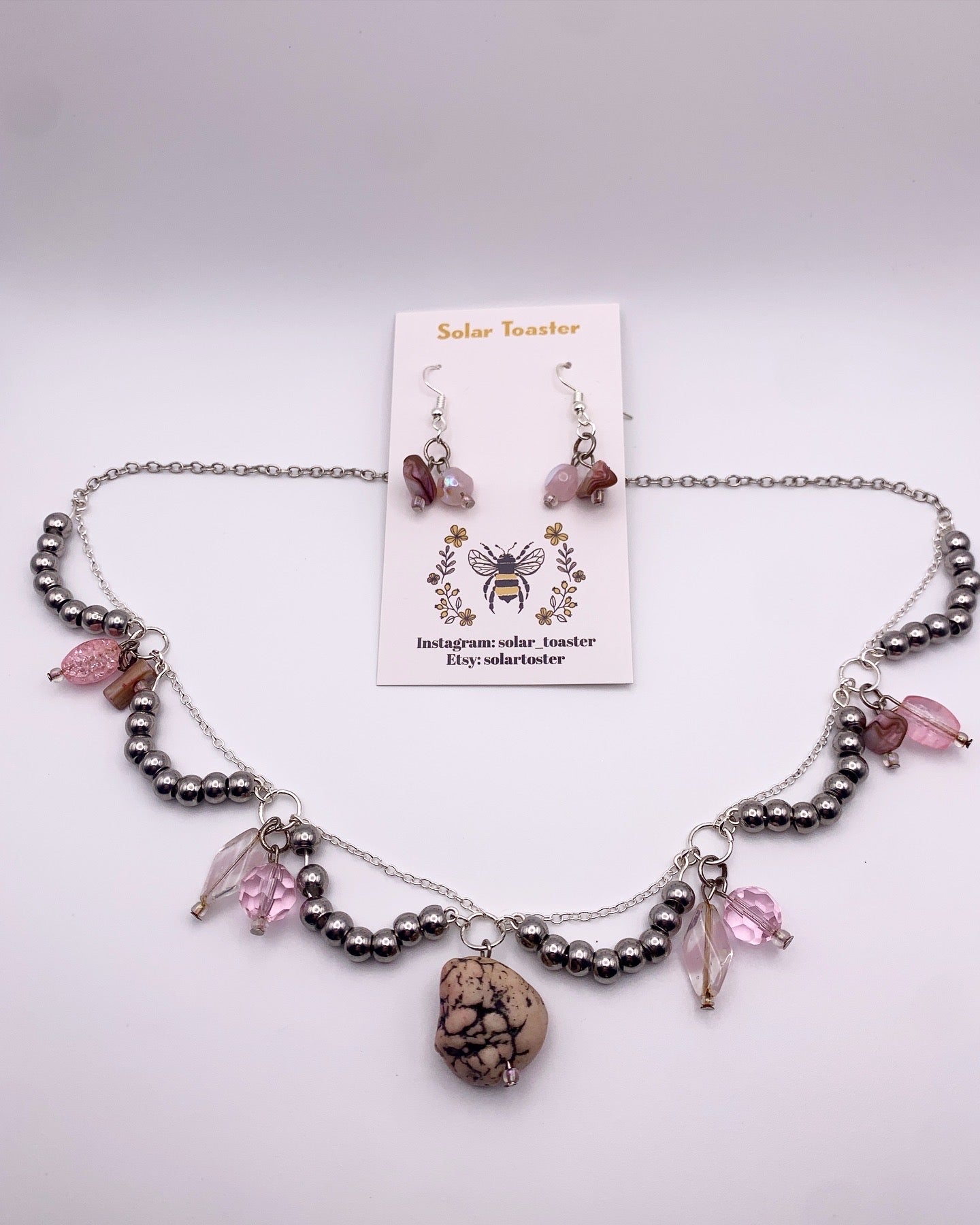 Whimsical, Pink, Crystal, Up-cycled, Beaded Necklace (Copy)