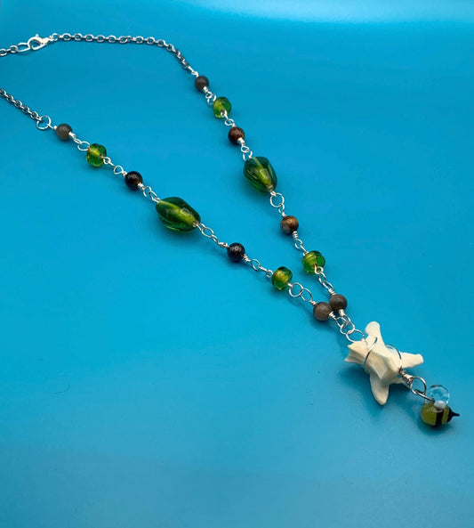 Up cycled Bone and Crystal Necklace with flame worked glass bee ||Real bones, cottage core, alt ||